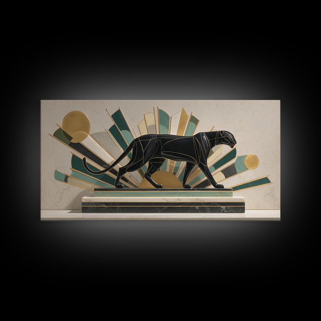 Black Panther Sculpture on a Marble Plinth Framed Canvas Print, Art Deco Art, Gallery Wall Art, Living Room Decor, Glamour, ADA-2x1-79