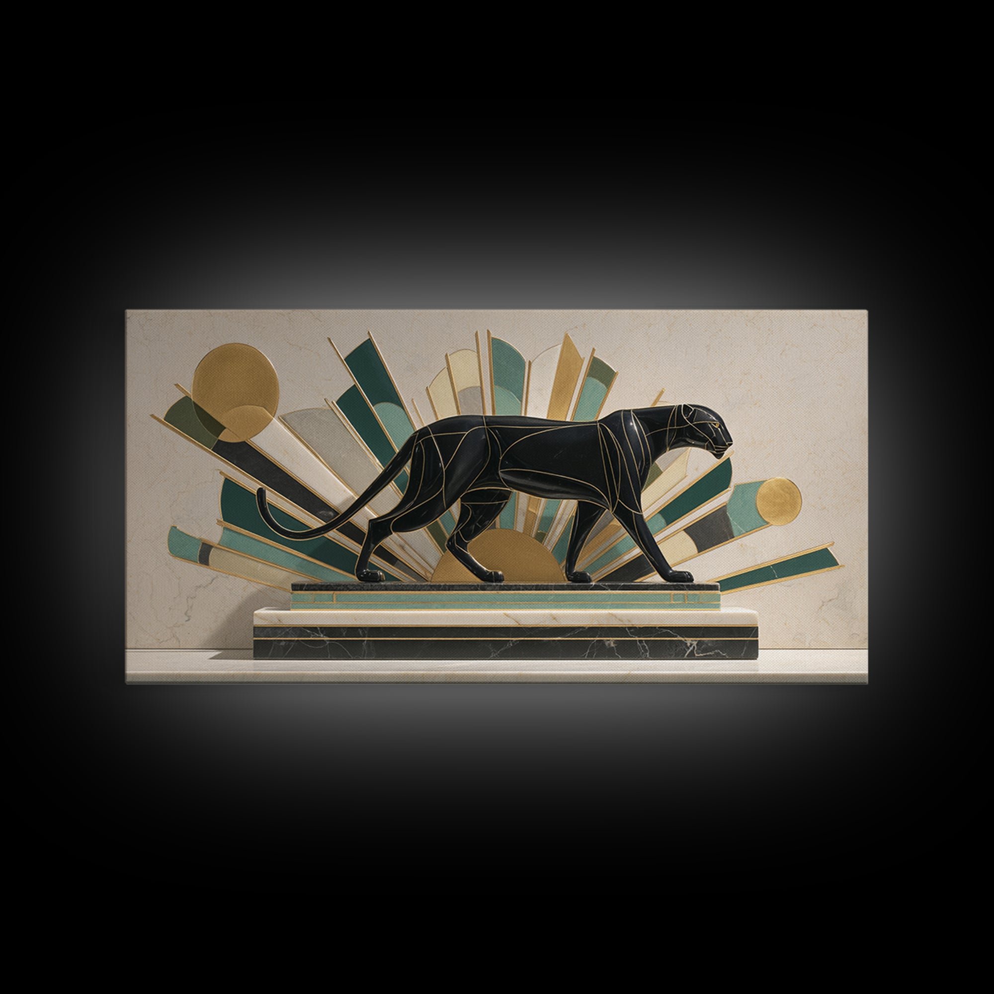 Black Panther Sculpture on a Marble Plinth Framed Canvas Print, Art Deco Art, Gallery Wall Art, Living Room Decor, Glamour, ADA-2x1-79