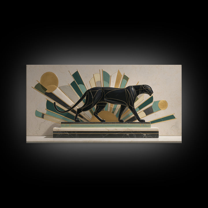 Black Panther Sculpture on a Marble Plinth Framed Canvas Print, Art Deco Art, Gallery Wall Art, Living Room Decor, Glamour, ADA-2x1-79