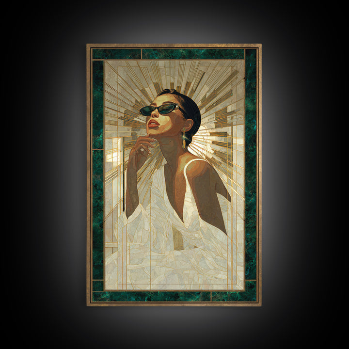 Moonlit Jazz Singer Framed by Gold Lines Canvas Print, Art Deco Art, Boho, Living Room Decor, Abstract Art, Glamour, ADA-2x3-79