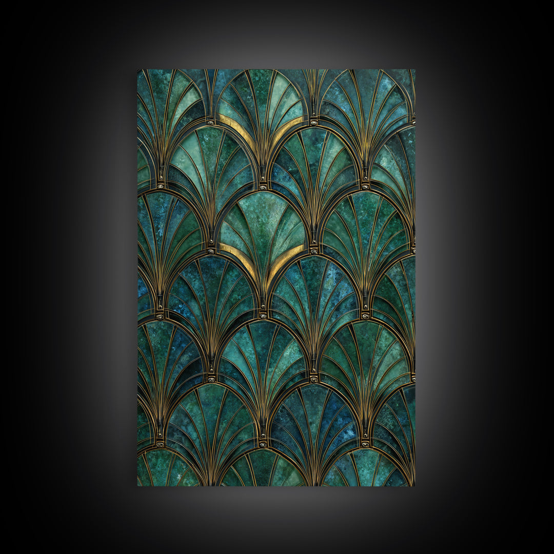 Emerald Peacock Feather Pattern Framed Canvas Print, Art Deco Art, Blue Wallpaper, Living Room Decor, Oil Painting, Glamour, ADA-2x3-8