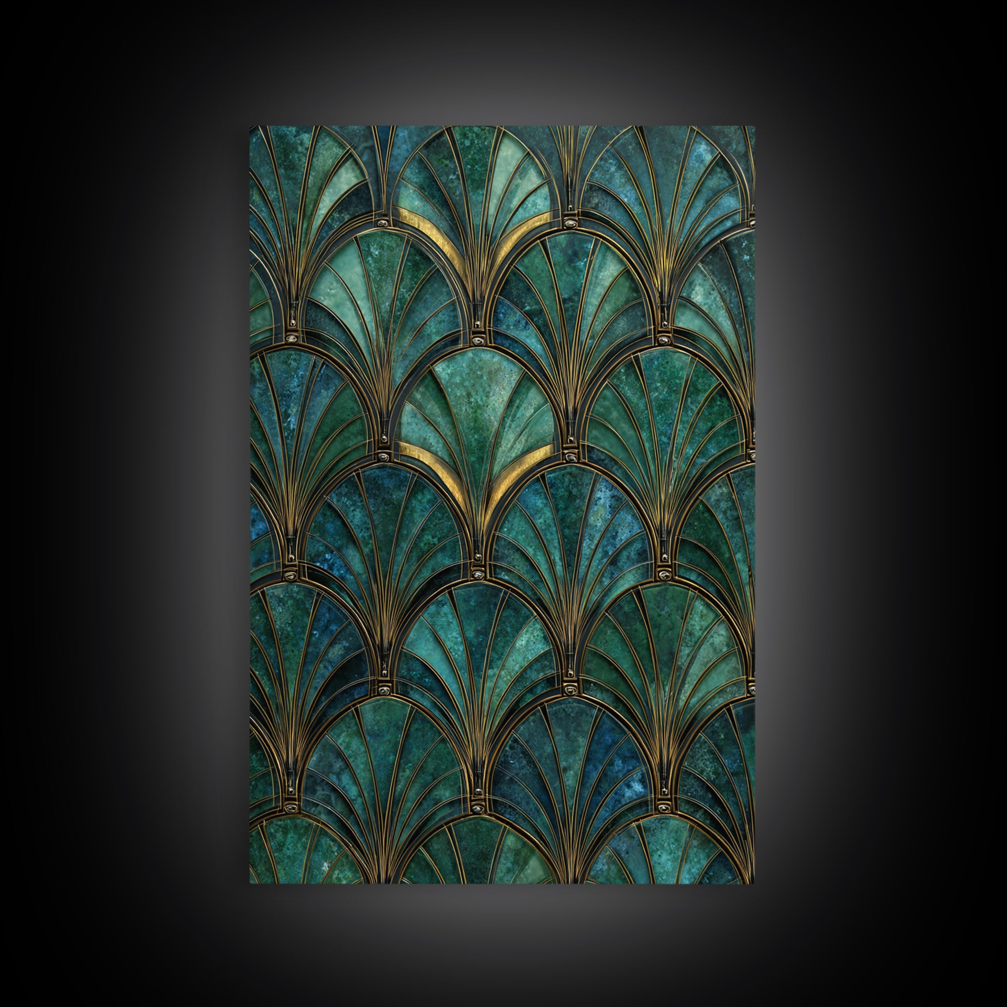 Emerald Peacock Feather Pattern Framed Canvas Print, Art Deco Art, Blue Wallpaper, Living Room Decor, Oil Painting, Glamour, ADA-2x3-8
