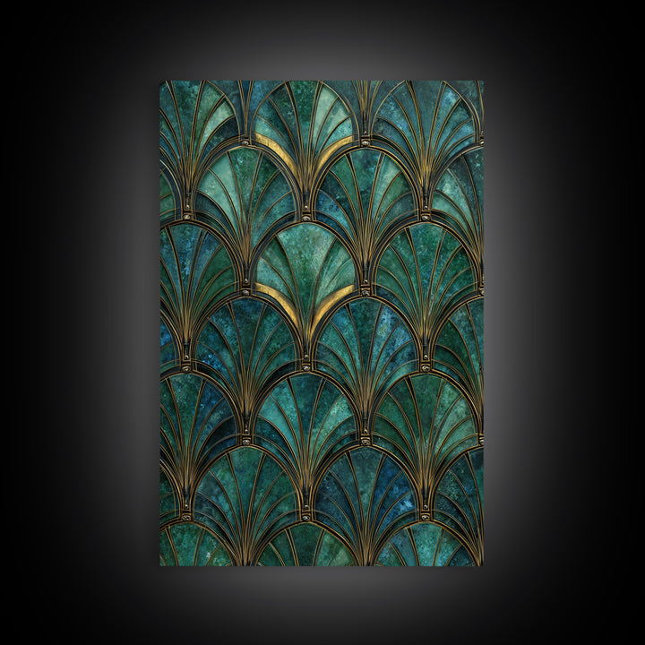 Emerald Peacock Feather Pattern Framed Canvas Print, Art Deco Art, Blue Wallpaper, Living Room Decor, Oil Painting, Glamour, ADA-2x3-8