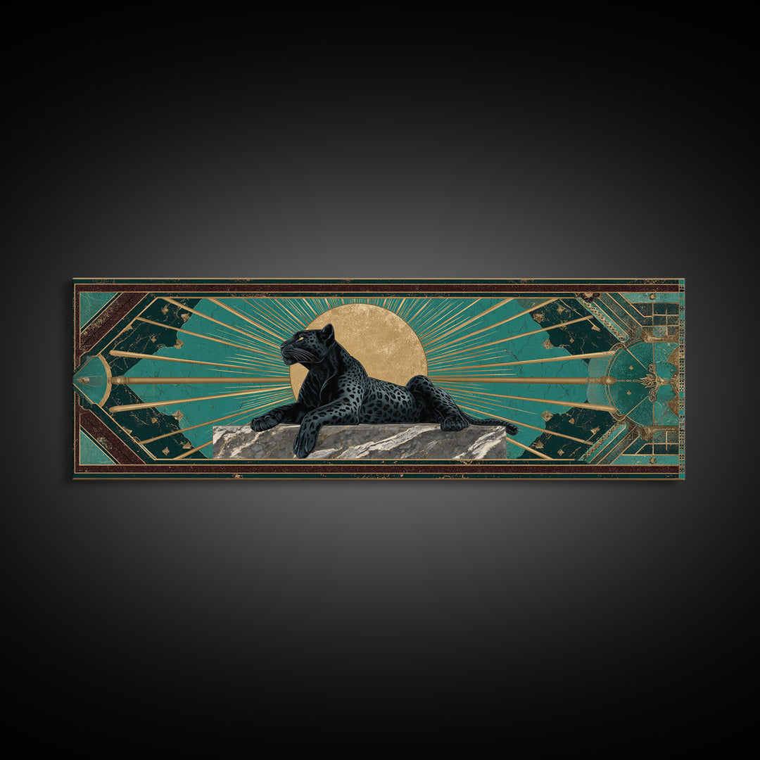 Black Panther Sculpture on a Marble Plinth Framed Canvas Print, Art Deco Art, Textured Painting, Living Room Decor, Glamour, ADA-3x1-27