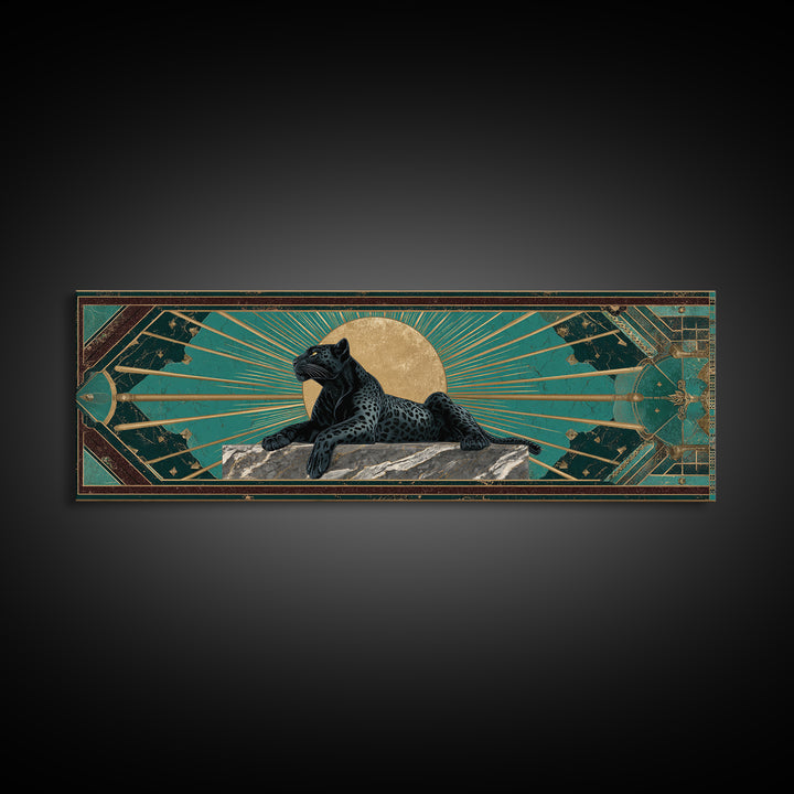 Black Panther Sculpture on a Marble Plinth Framed Canvas Print, Art Deco Art, Textured Painting, Living Room Decor, Glamour, ADA-3x1-27