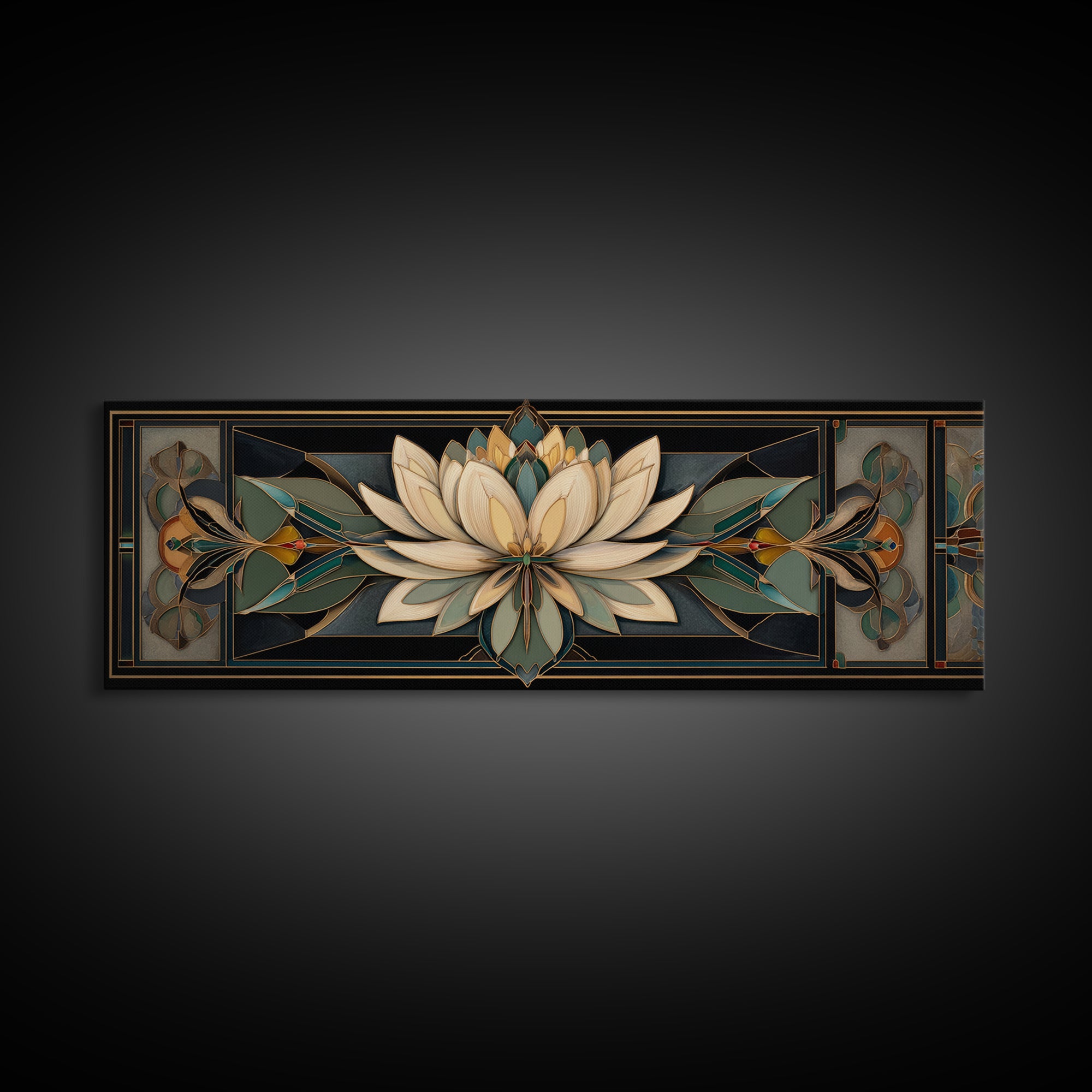 Geometric Lotus Flower Framed Canvas Print, Art Deco Art, Blue Wallpaper, Living Room Decor, Watercolor Art, Glamour, ADA-3x1-28