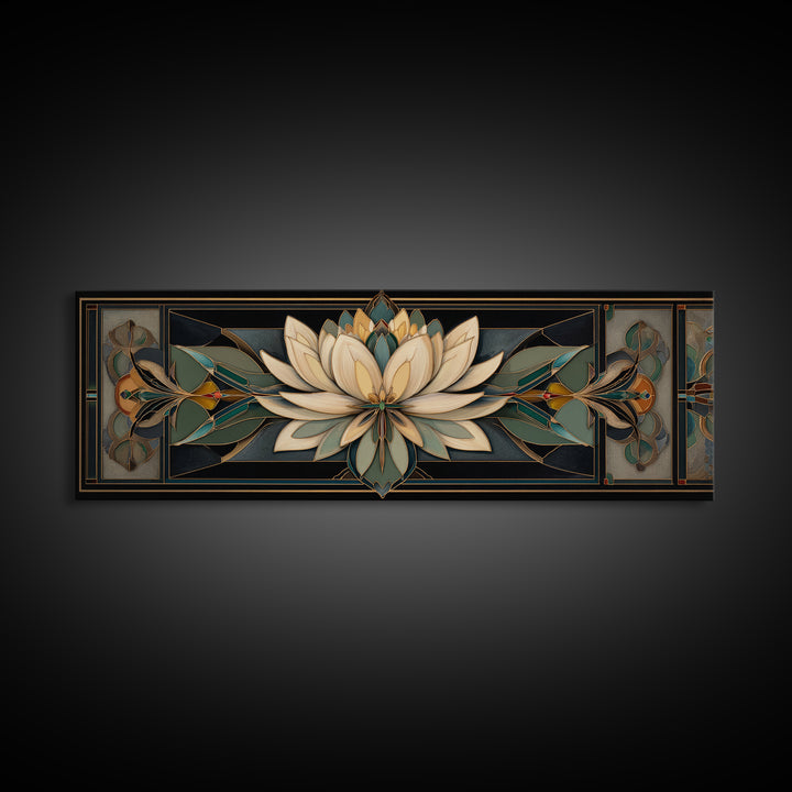 Geometric Lotus Flower Framed Canvas Print, Art Deco Art, Blue Wallpaper, Living Room Decor, Watercolor Art, Glamour, ADA-3x1-28