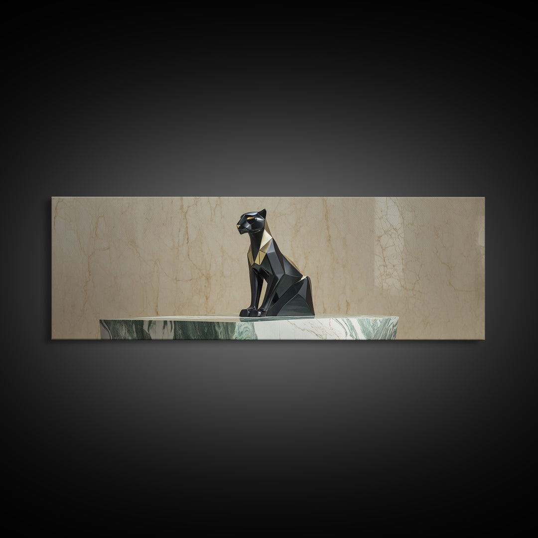 Black Panther Sculpture on a Marble Plinth Framed Canvas Print, Art Deco Art, Digital Art, Living Room Decor, Fine Art, Glamour, ADA-3x1-51