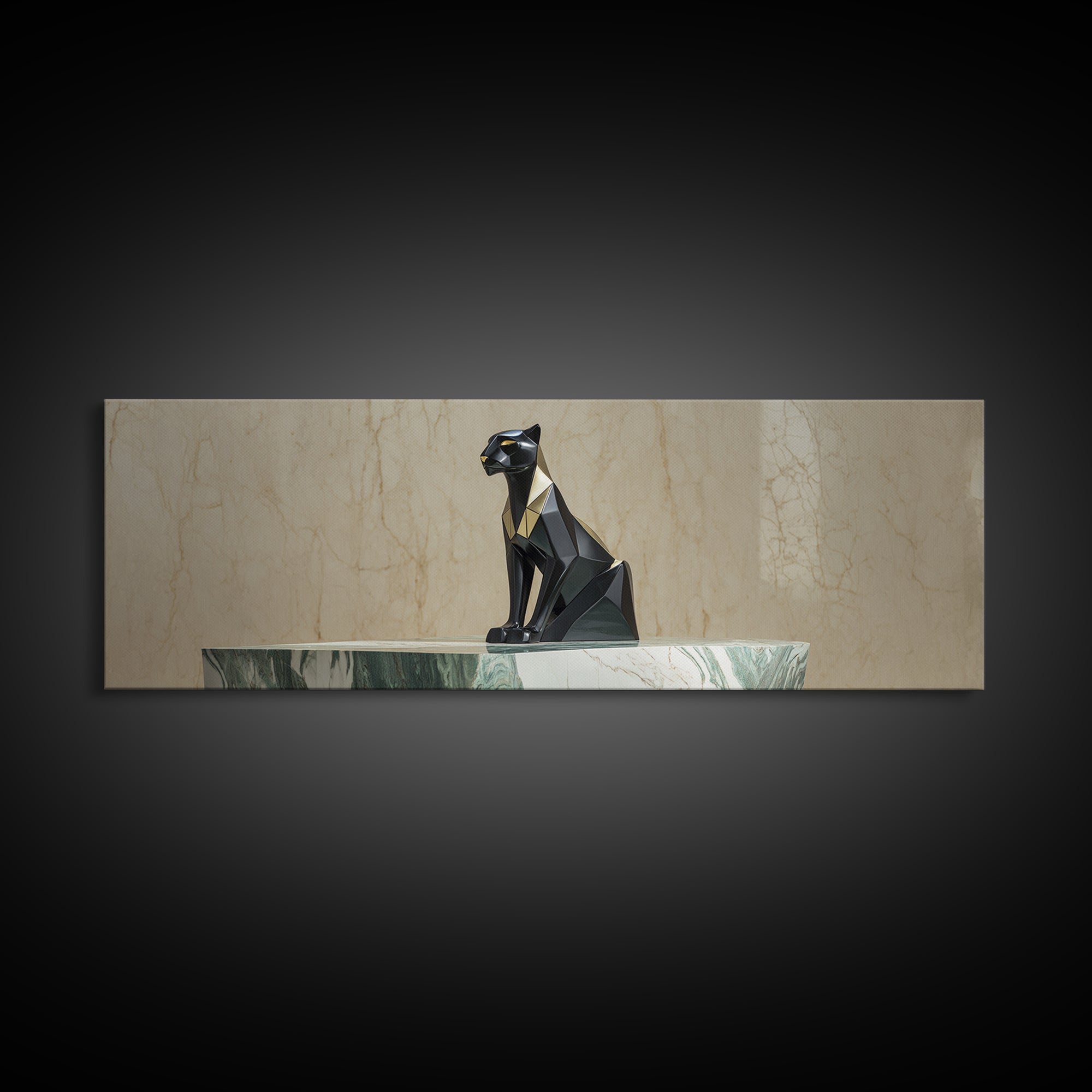 Black Panther Sculpture on a Marble Plinth Framed Canvas Print, Art Deco Art, Digital Art, Living Room Decor, Fine Art, Glamour, ADA-3x1-51