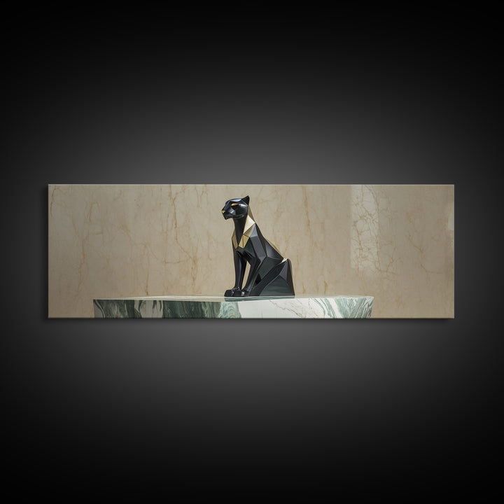 Black Panther Sculpture on a Marble Plinth Framed Canvas Print, Art Deco Art, Digital Art, Living Room Decor, Fine Art, Glamour, ADA-3x1-51