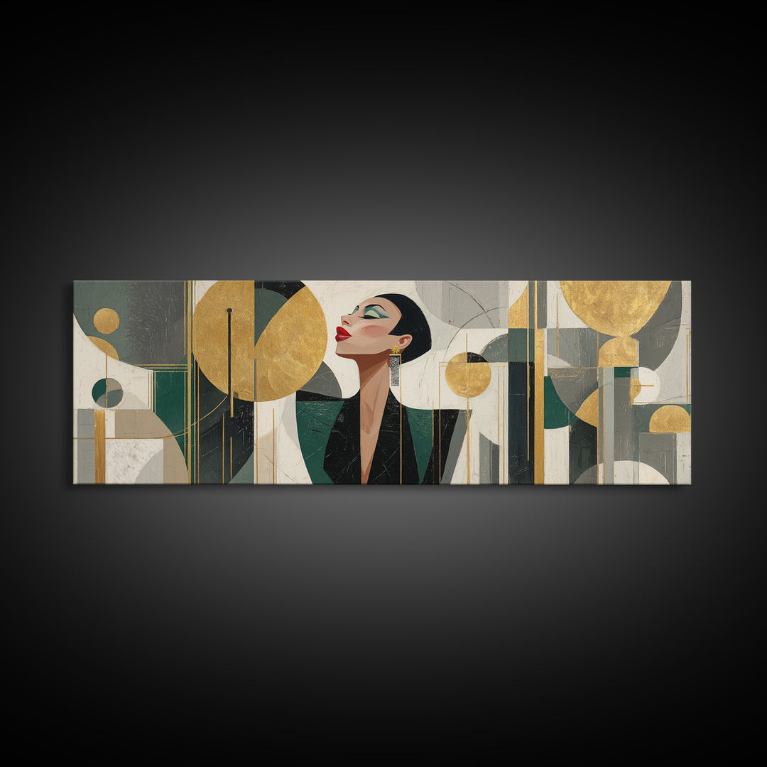 Moonlit Jazz Singer Framed by Gold Lines Framed Canvas Print, Art Deco Art, Living Room Decor, Abstract Art, Glamour, ADA-3x1-63