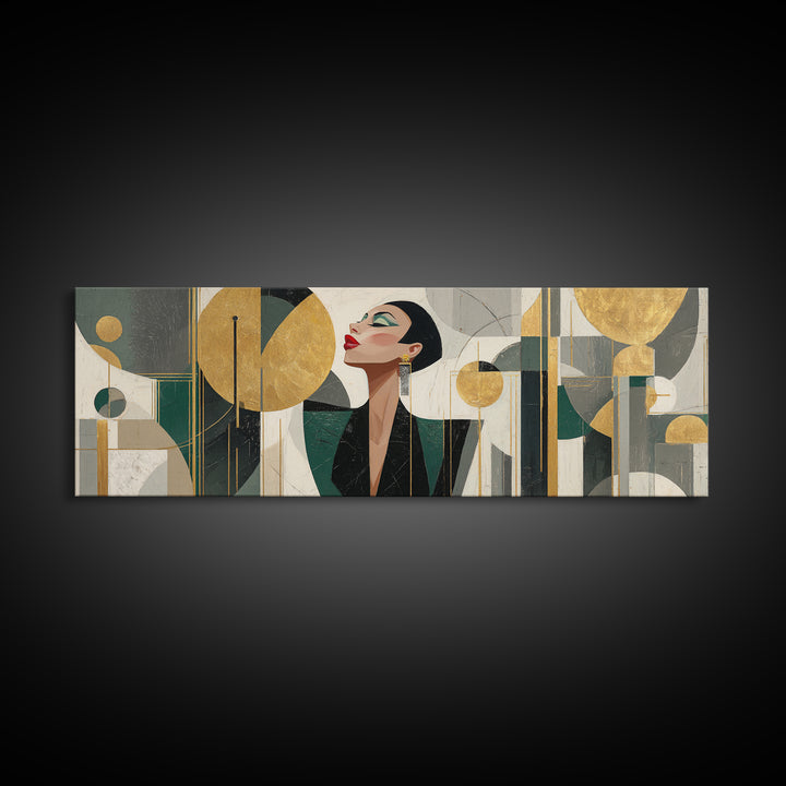 Moonlit Jazz Singer Framed by Gold Lines Framed Canvas Print, Art Deco Art, Living Room Decor, Abstract Art, Glamour, ADA-3x1-63