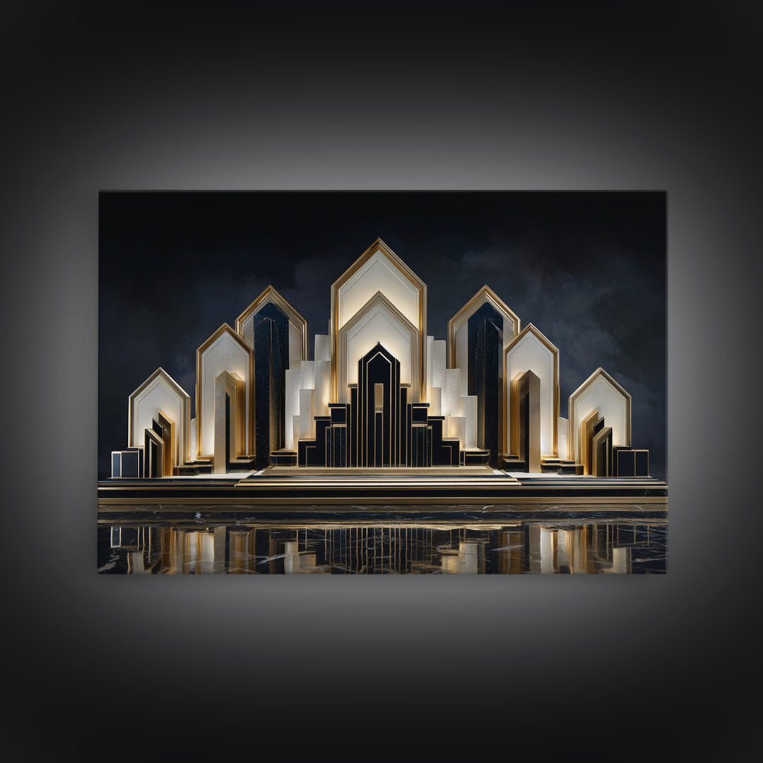 Stylized City Skyline Framed Canvas Print, Art Deco Art, Digital Print, Living Room Decor, Fine Art, Glamour, Downloadable Art, ADA-3x2-10