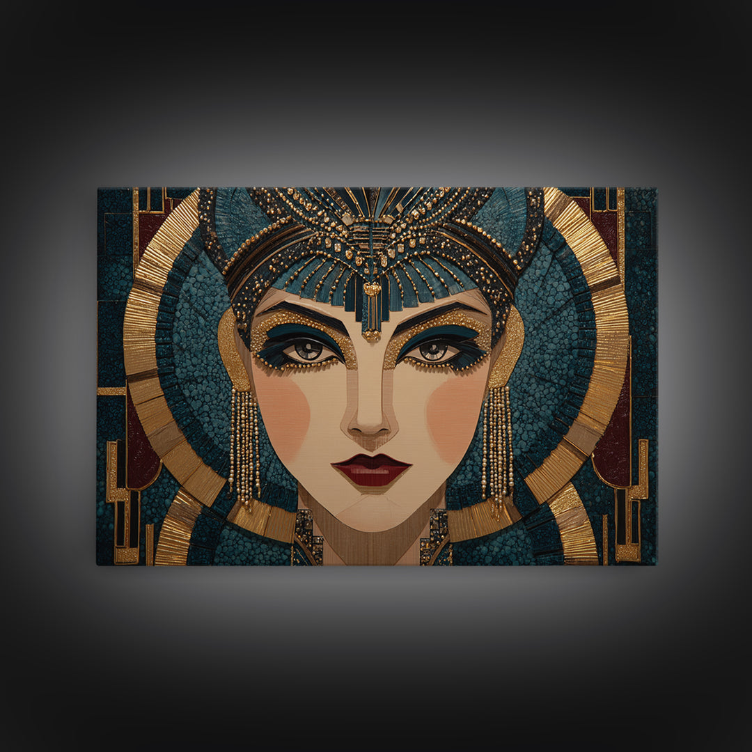 Flapper Portrait with Pearl Strands and Dramatic Framed Canvas Print, Art Deco Art, Boho, Living Room Decor, Fine Art, Glamour, ADA-3x2-18