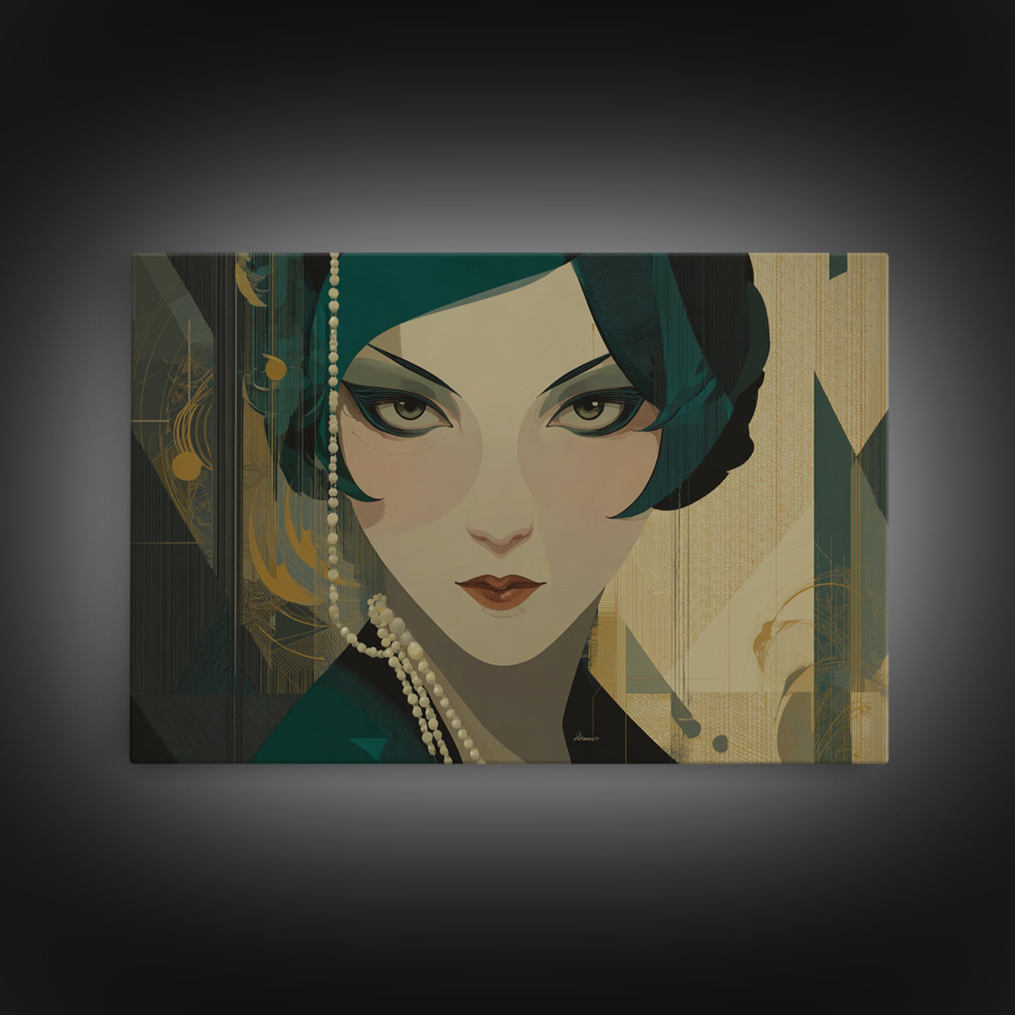 Flapper Portrait with Pearl Strands and Dramatic Canvas Print, Art Deco Art, Printable Art, Living Room Decor, Oil Painting, ADA-3x2-42