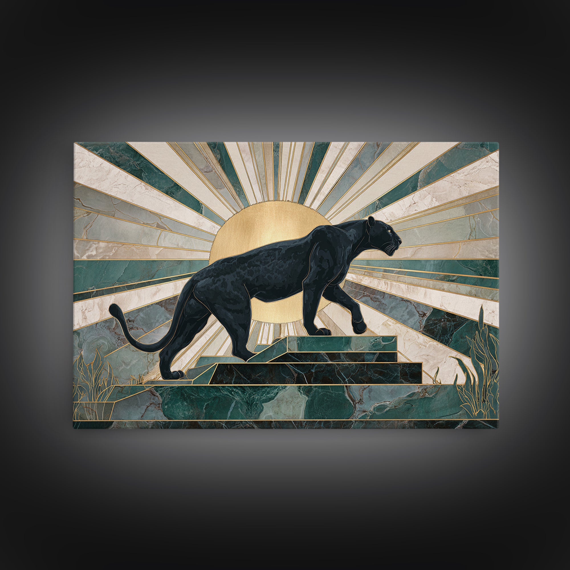 Black Panther Sculpture on a Marble Plinth Framed Canvas Print, Art Deco Art, Wall Art Print, Living Room Decor, Glamour, ADA-3x2-63