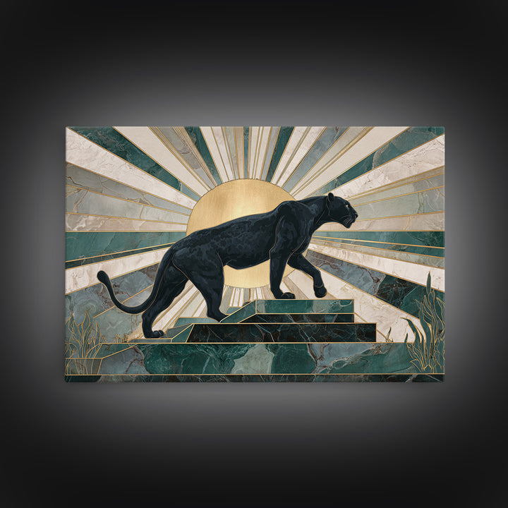 Black Panther Sculpture on a Marble Plinth Framed Canvas Print, Art Deco Art, Wall Art Print, Living Room Decor, Glamour, ADA-3x2-63