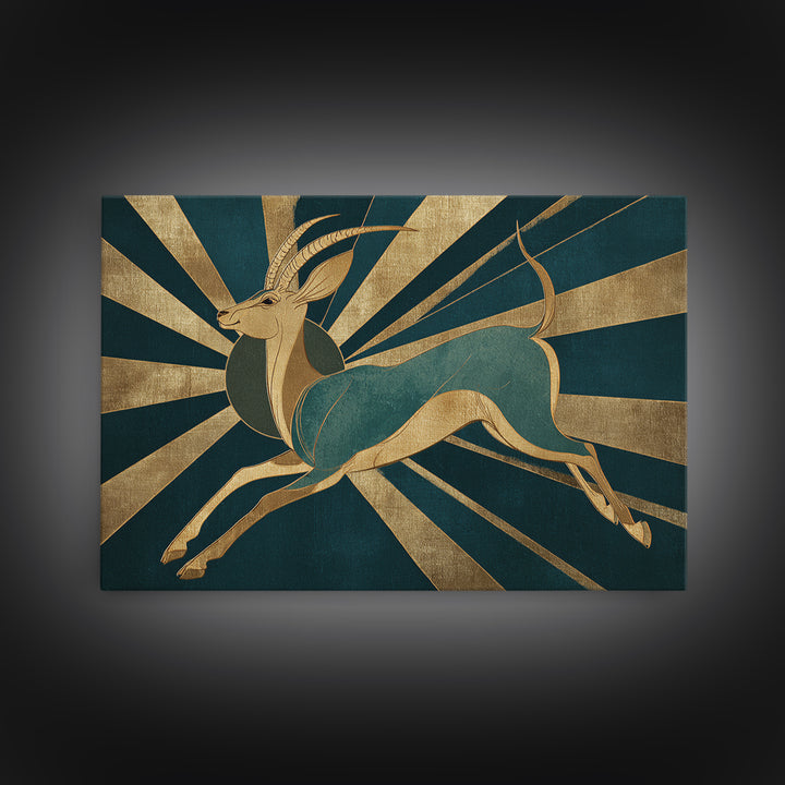 Stylized Gazelle Leaping Through Gold Rays Canvas Print, Art Deco Art, Downloadable Art, Living Room Decor, Glamour, Art Print, ADA-3x2-65