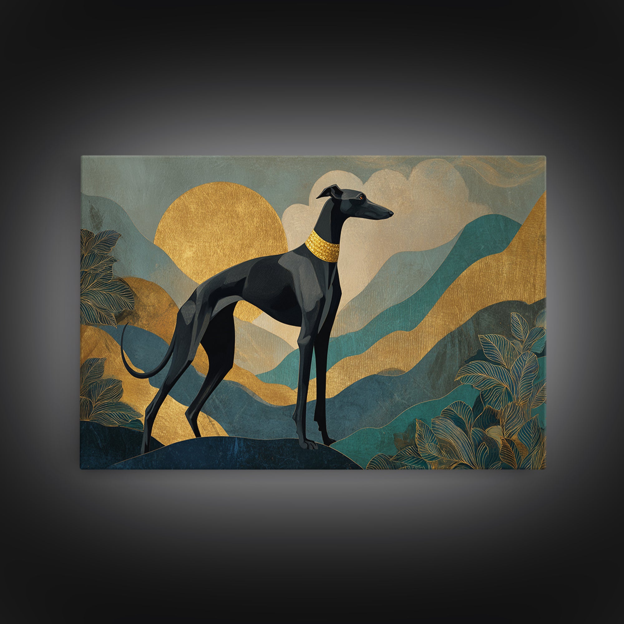 Elegant Greyhound Silhouette Framed Canvas Print, Art Deco Art, Gallery Decor, Living Room Decor, Fine Art, Glamour, Wall Art, ADA-3x2-69