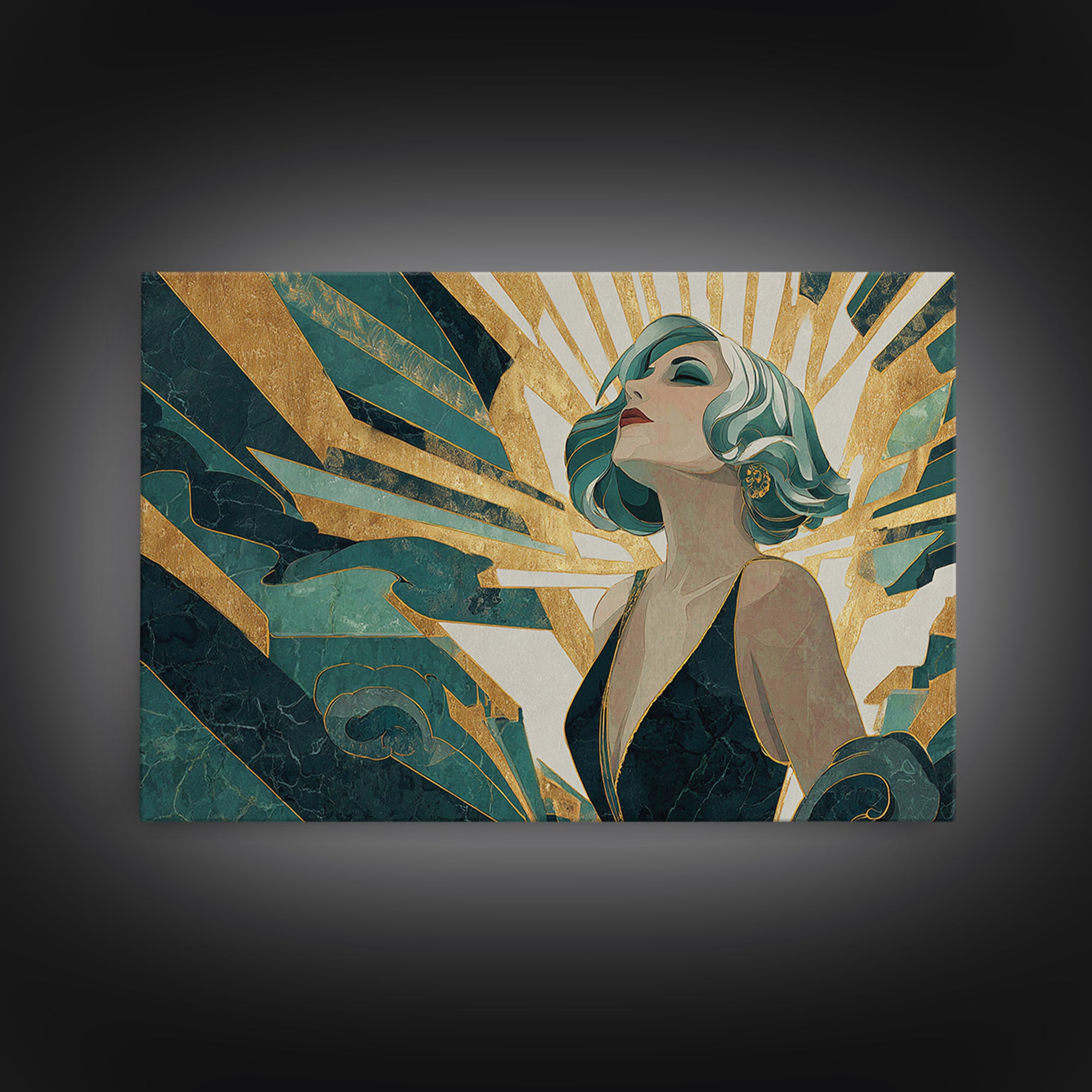 Moonlit Jazz Singer Framed by Gold Lines Canvas Print, Art Deco Art, Decor, Living Room Decor, Abstract Art, Glamour, ADA-3x2-75
