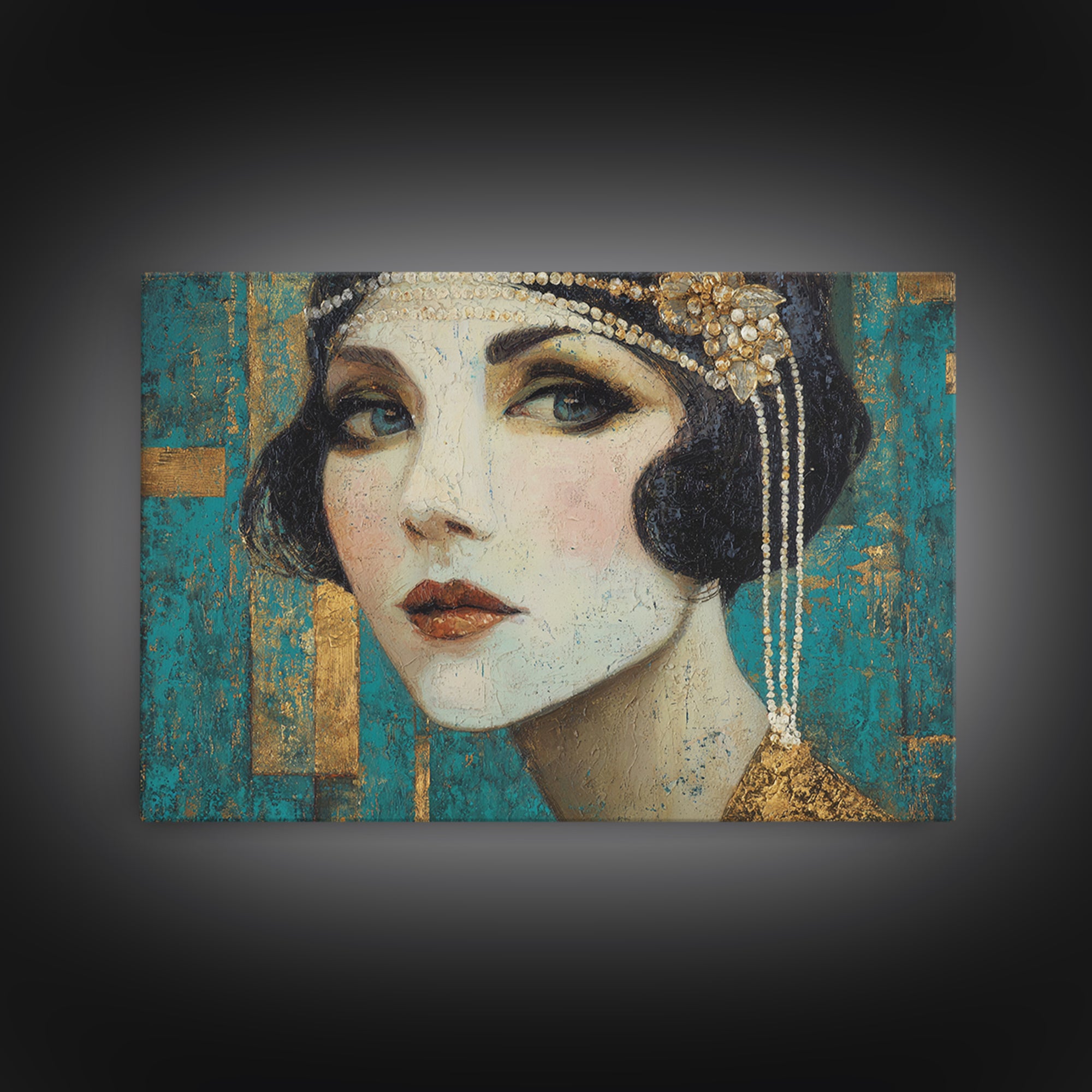 Flapper Portrait with Pearl Strands and Dramatic Canvas Print, Art Deco Art, Removable Wallpaper, Living Room Decor, Glamour, ADA-3x2-90