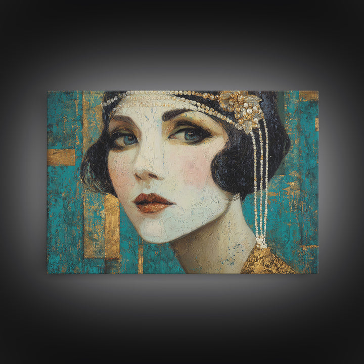 Flapper Portrait with Pearl Strands and Dramatic Canvas Print, Art Deco Art, Removable Wallpaper, Living Room Decor, Glamour, ADA-3x2-90