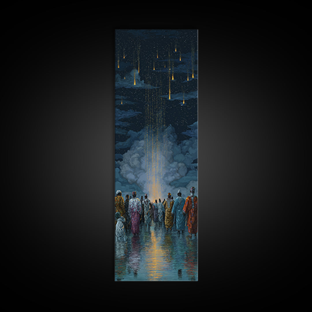 Robed Figures Watching Golden Light Rain From Clouds, Wall Art, Spiritual African Canvas Print, Mystical Home Decor Gift