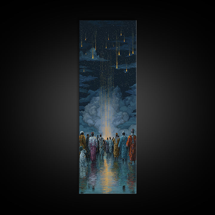 Robed Figures Watching Golden Light Rain From Clouds, Wall Art, Spiritual African Canvas Print, Mystical Home Decor Gift