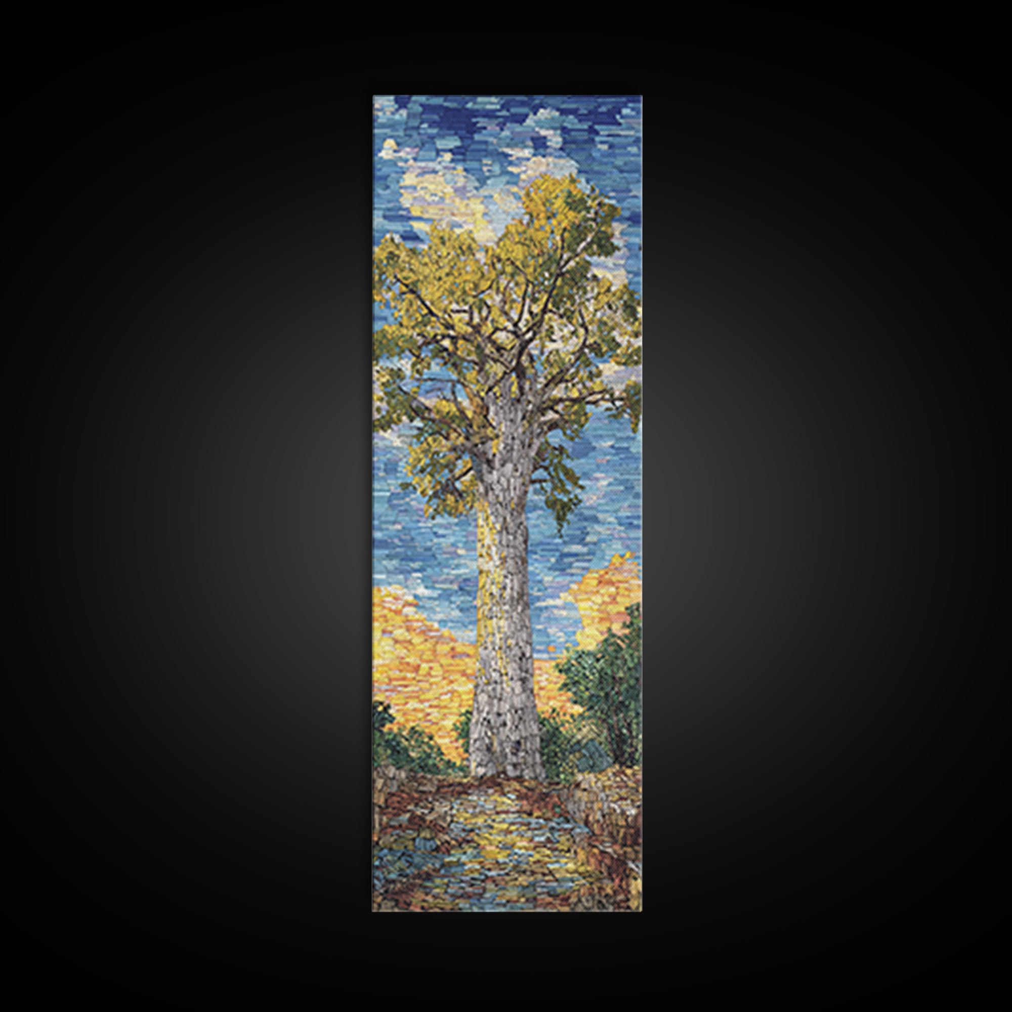 Impressionist Baobab Mosaic Path, African Wall Art, Blue Yellow Safari Landscape, Textured Decor, Premium Canvas Print Gift