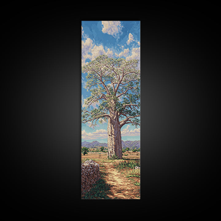 Sunlit Baobab Tree Landscape, African Wall Art, Safari Decor, Nature Scene Art, Blue Sky Framed Canvas Print Gift For Living Room