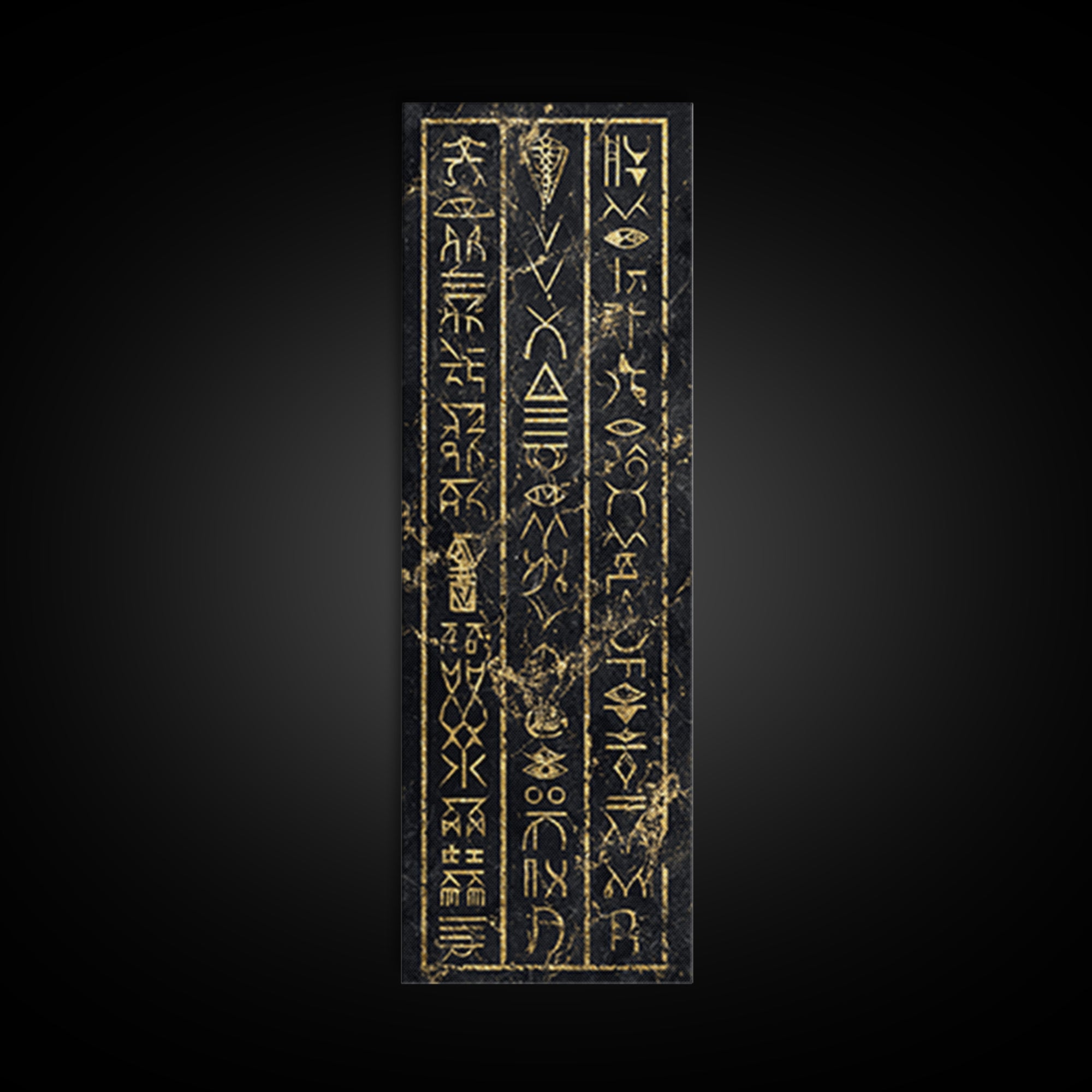 Gold Ancient African Glyphs On Black Wall Art, Tribal Hieroglyphic Canvas, Afrocentric Decor, Cultural Home Decor Gift For Living Room