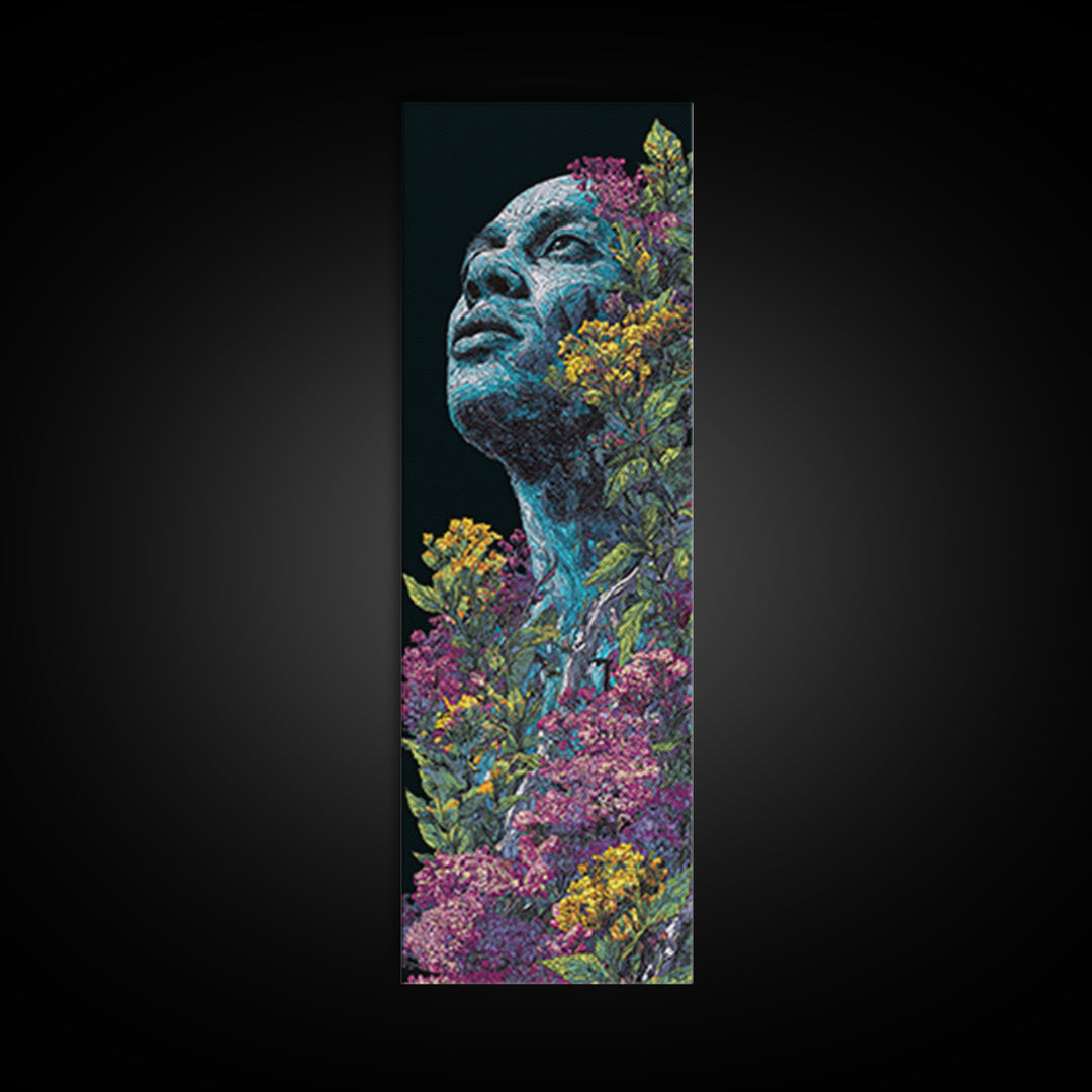 Blue Floral African Portrait Wall Art, Black Man Nature Canvas, Afrocentric Artwork, Contemporary Home Decor Gift For Living Room