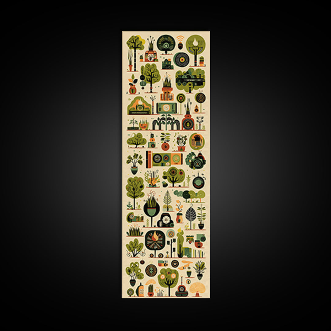 Whimsical African Garden Icon Wall Art, Botanical Pattern Canvas, Green Nature Decor, Modern Afrocentric Home Decor Gift