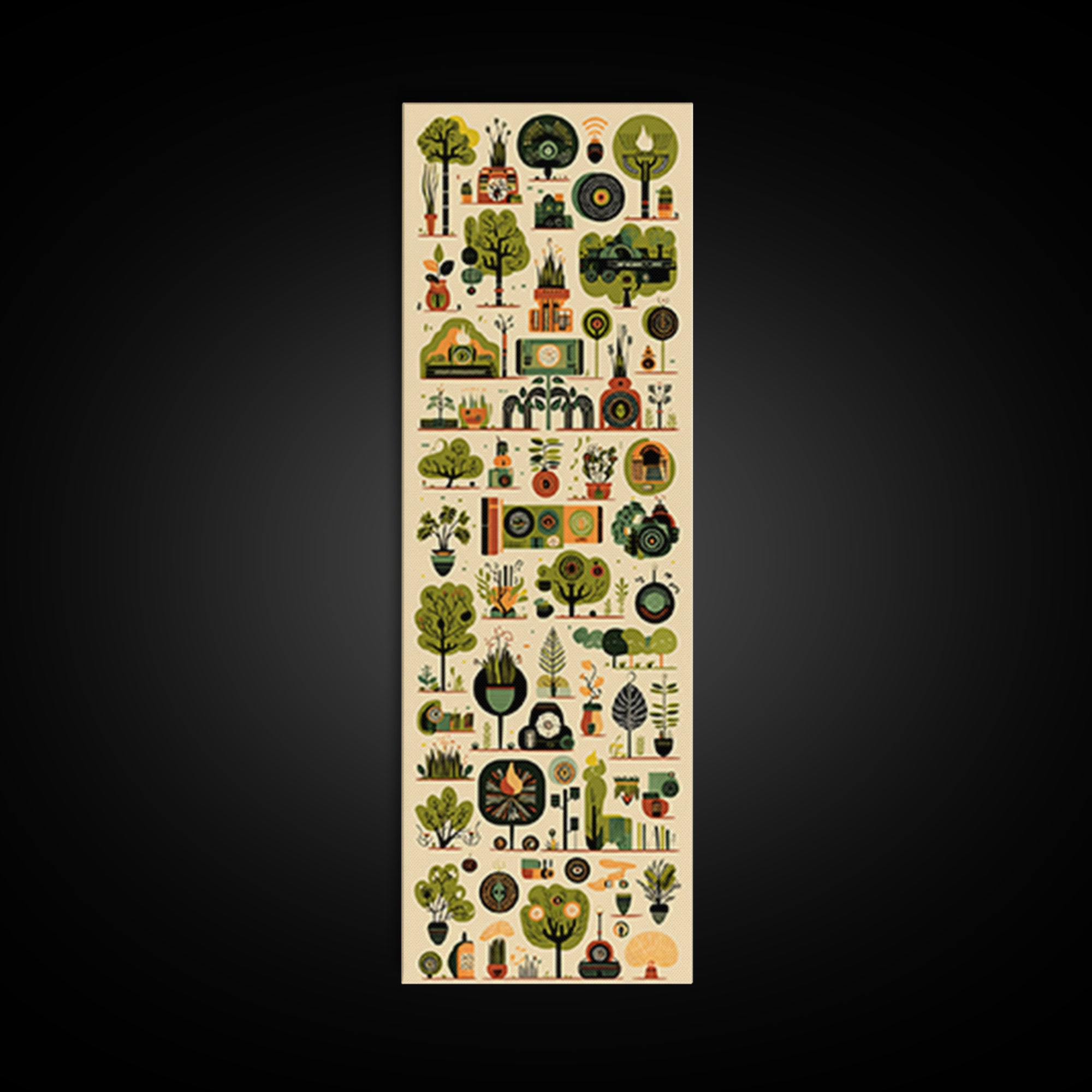 Whimsical African Garden Icon Wall Art, Botanical Pattern Canvas, Green Nature Decor, Modern Afrocentric Home Decor Gift