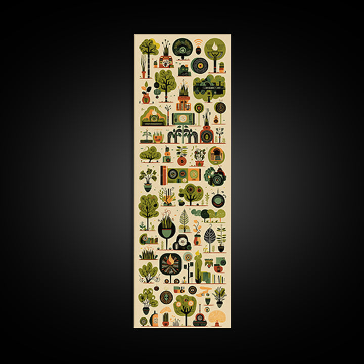 Whimsical African Garden Icon Wall Art, Botanical Pattern Canvas, Green Nature Decor, Modern Afrocentric Home Decor Gift