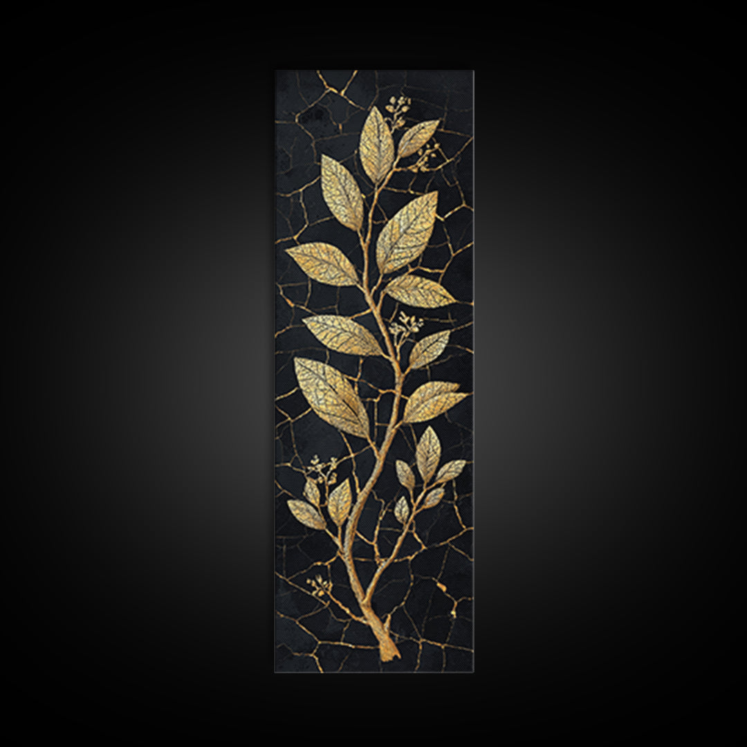 Gold Botanical Branch On Cracked Black Stone Wall Art, Luxury Canvas Print, Elegant Home Decor, Nature Artwork Gift For Living Room