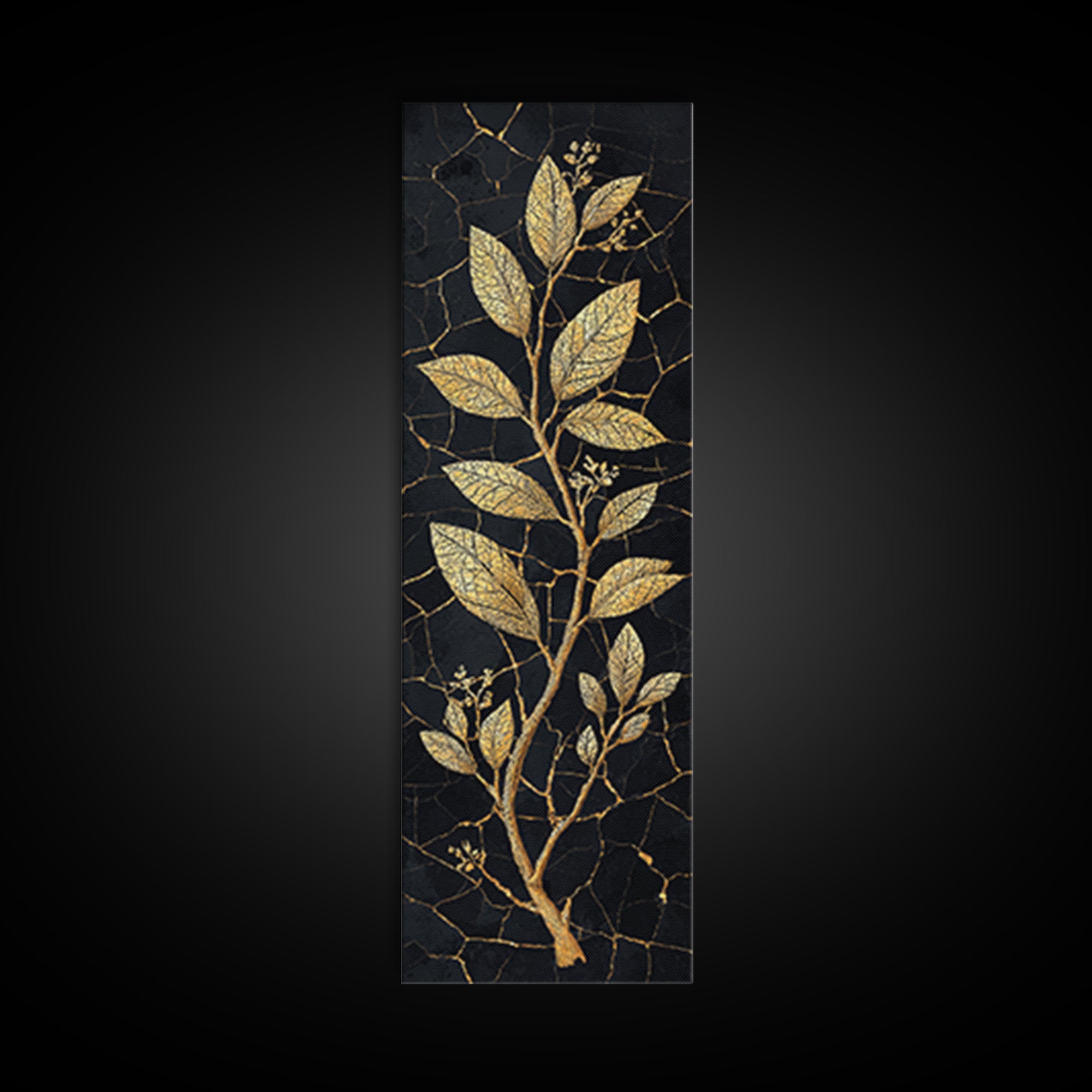 Gold Botanical Branch On Cracked Black Stone Wall Art, Luxury Canvas Print, Elegant Home Decor, Nature Artwork Gift For Living Room