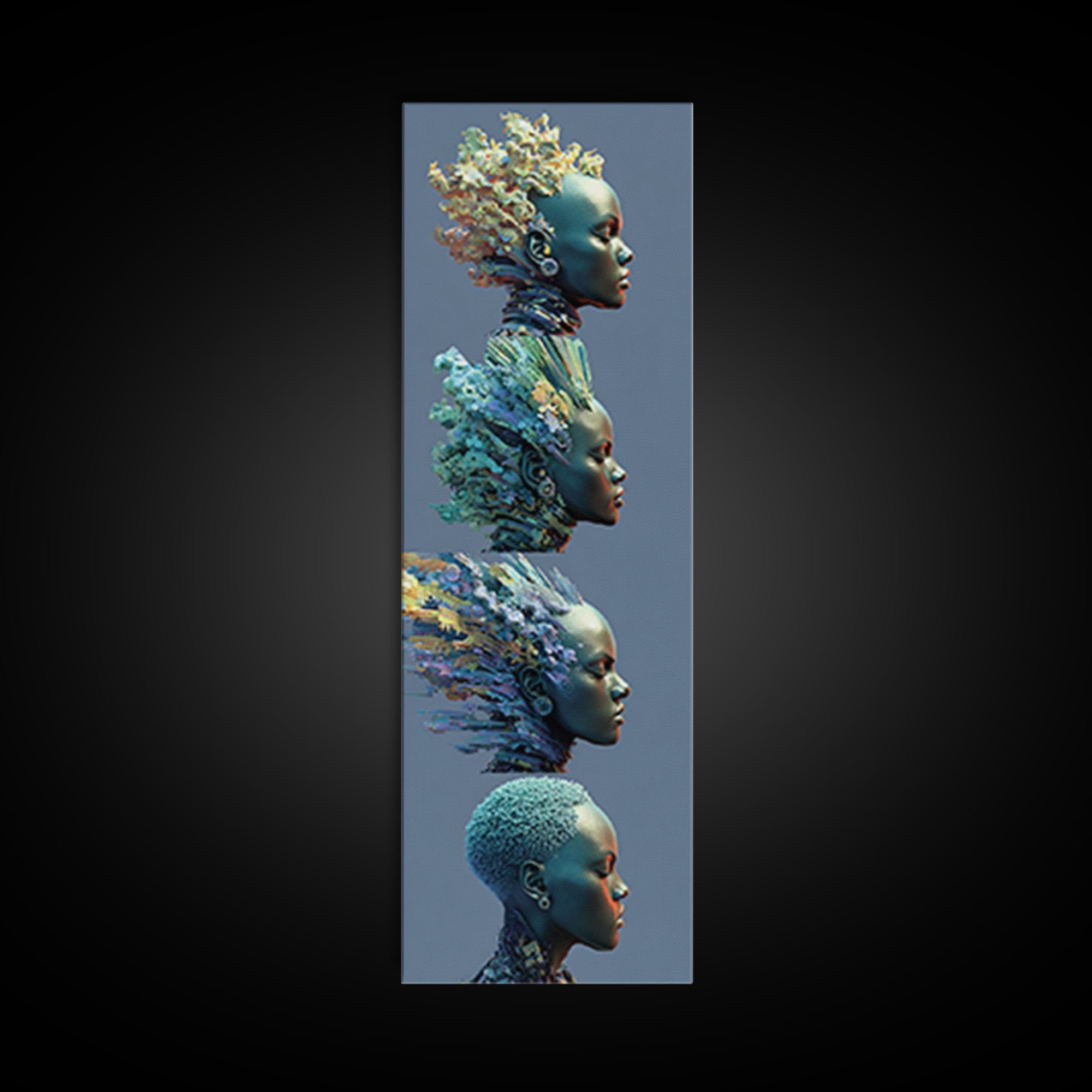 Four Blue African Women In Profile With Floral Hair Framed Canvas Print, Afrocentric Wall Art, Black Beauty Portrait Decor