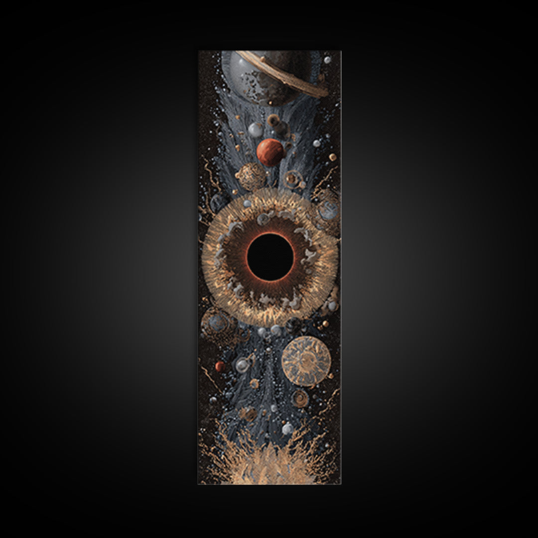 Cosmic Black Hole With Gold Planets And Textured Orbit Canvas Print, Abstract Wall Art, Modern Space Decor, Luxury Art Gift