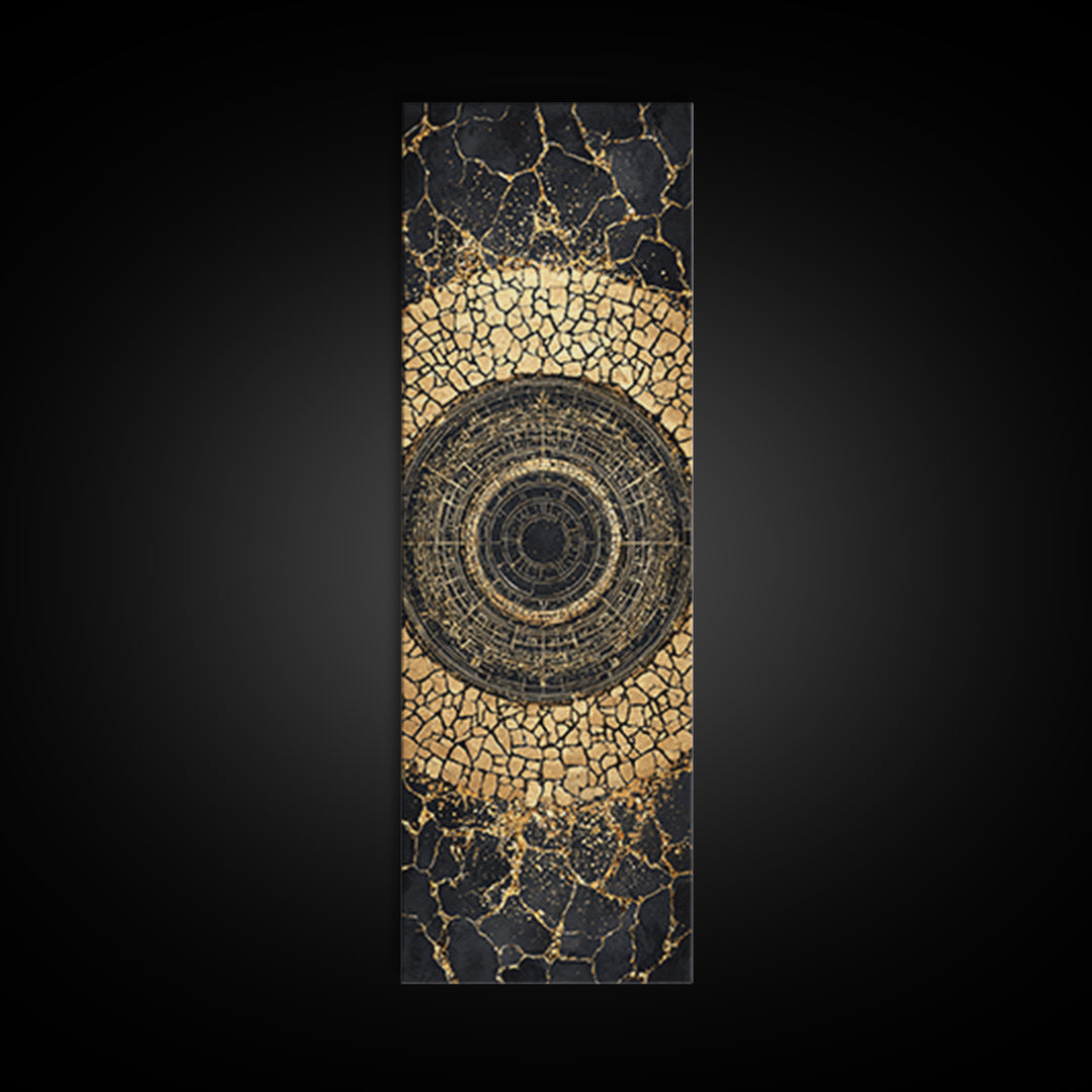 Cracked Gold Circular Mandala On Black Stone Wall Art, Geometric Canvas Print, African Inspired Decor, Bold Statement Gift