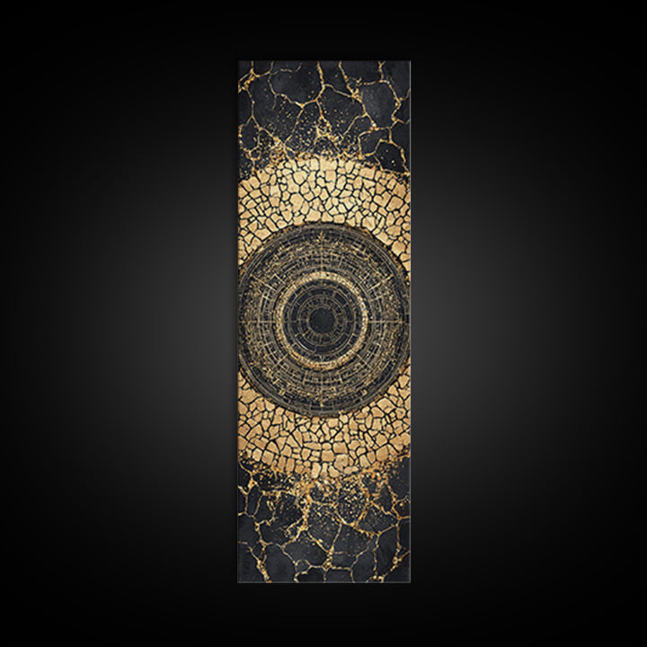 Cracked Gold Circular Mandala On Black Stone Wall Art, Geometric Canvas Print, African Inspired Decor, Bold Statement Gift