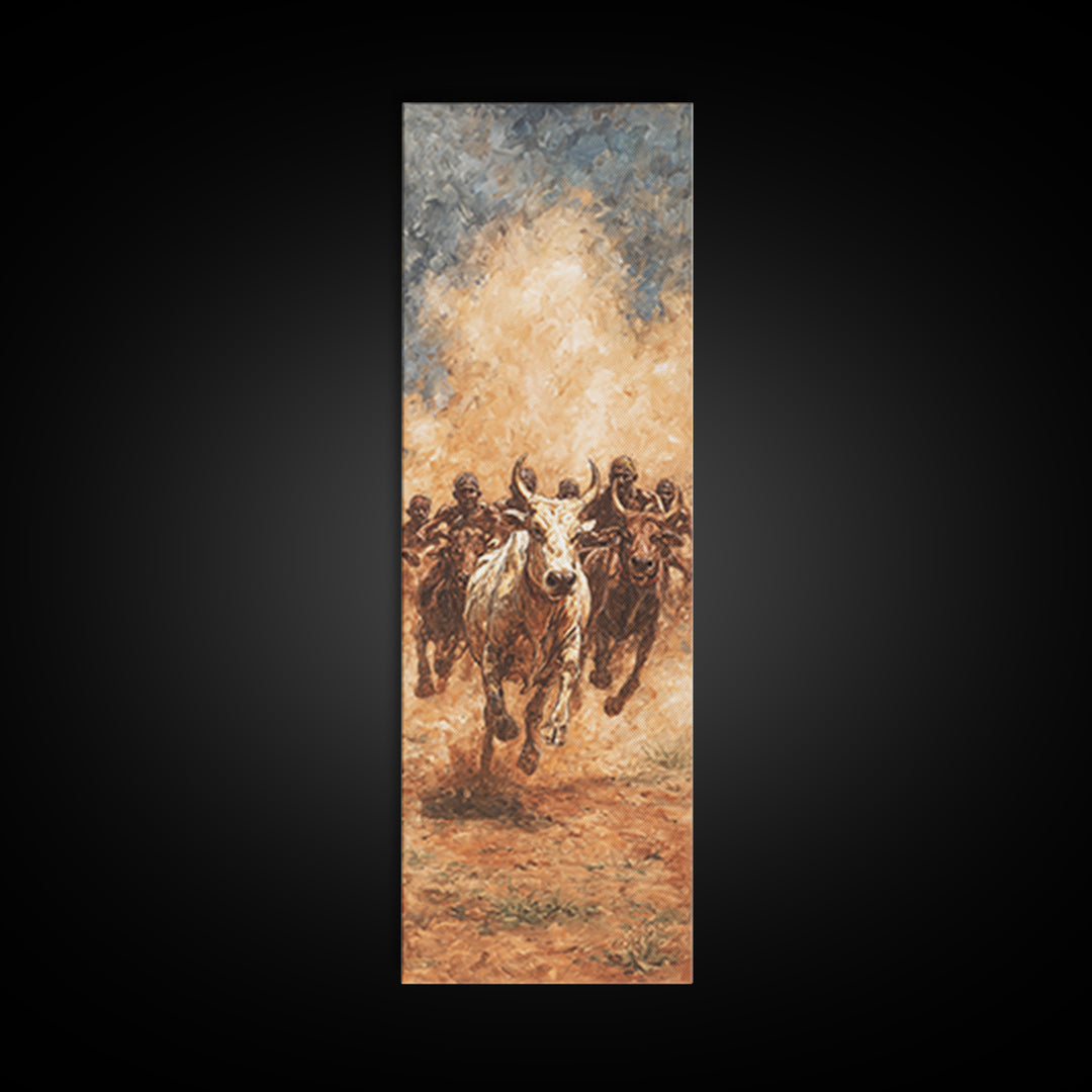 Dusty African Cattle Charge With Warriors Wall Art, Afrocentric Safari Painting, Tribal Culture Decor, Large Canvas Print