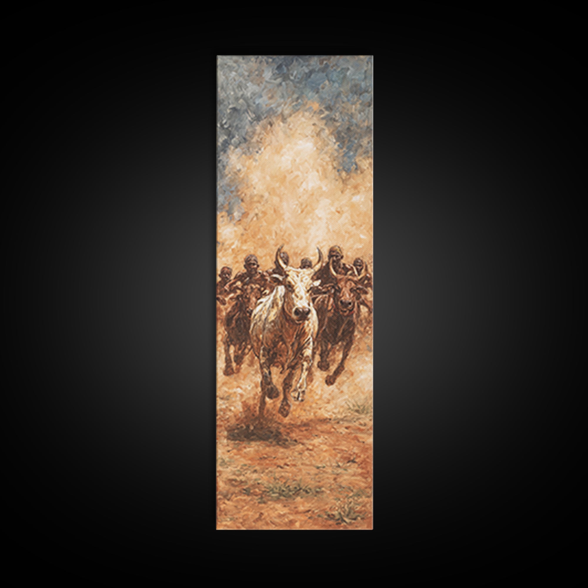 Dusty African Cattle Charge With Warriors Wall Art, Afrocentric Safari Painting, Tribal Culture Decor, Large Canvas Print