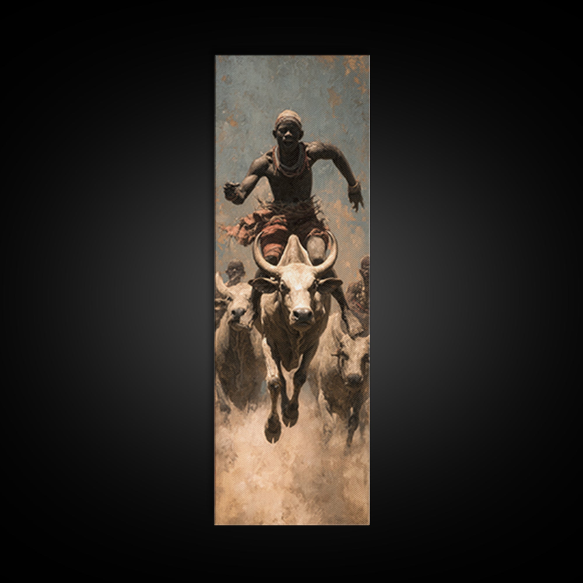 African Bull Rider Herding Cattle Framed Canvas Print, Warrior Portrait Wall Art, Afrocentric Safari Decor, Rustic Home Gift