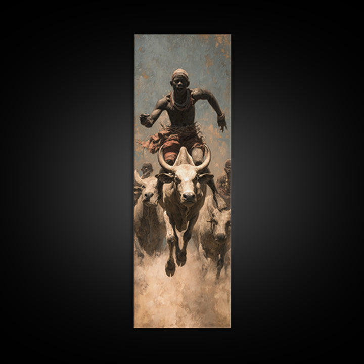 African Bull Rider Herding Cattle Framed Canvas Print, Warrior Portrait Wall Art, Afrocentric Safari Decor, Rustic Home Gift