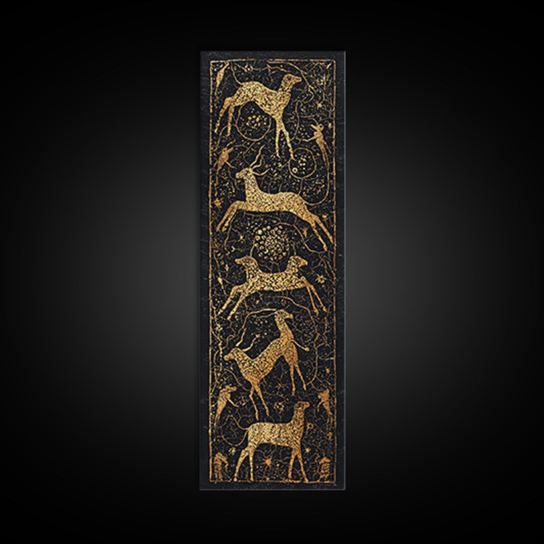 Gold Giraffe And Antelope Tribal Pattern Canvas Print, African Safari Wall Art, Black Gold Decor, Ethnic Textile Inspired Style