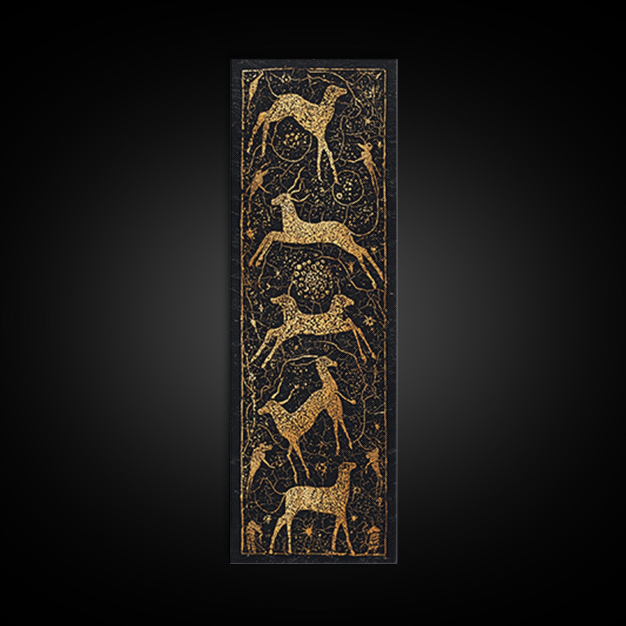 Gold Giraffe And Antelope Tribal Pattern Canvas Print, African Safari Wall Art, Black Gold Decor, Ethnic Textile Inspired Style