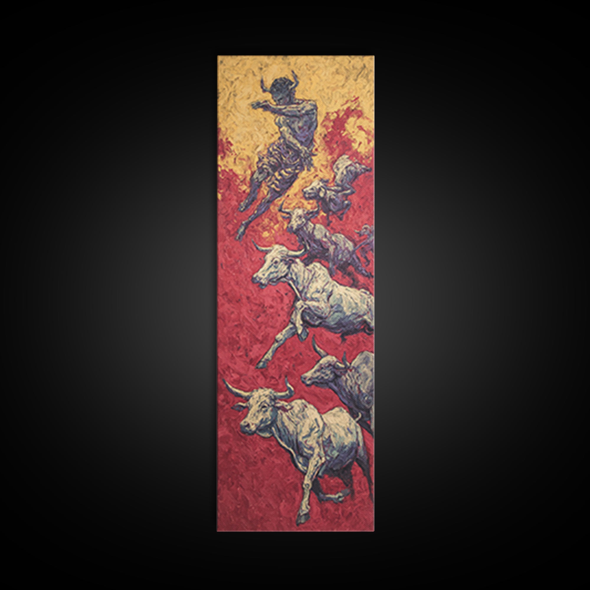Leaping Bull Rider Over White Cattle Wall Art, African Warrior Art Canvas Print, Red Ochre Safari Decor, Bold Ethnic Gift