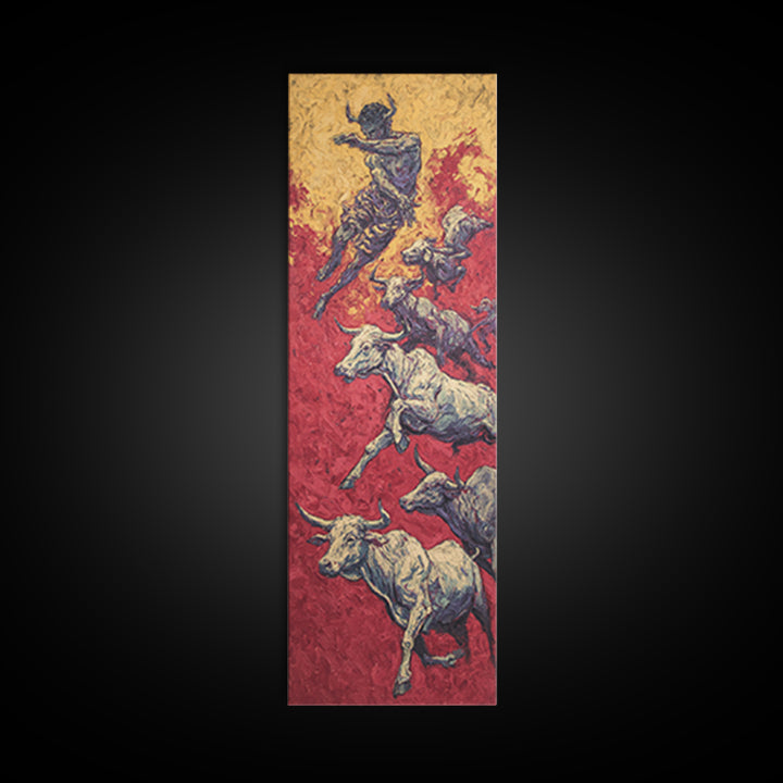 Leaping Bull Rider Over White Cattle Wall Art, African Warrior Art Canvas Print, Red Ochre Safari Decor, Bold Ethnic Gift