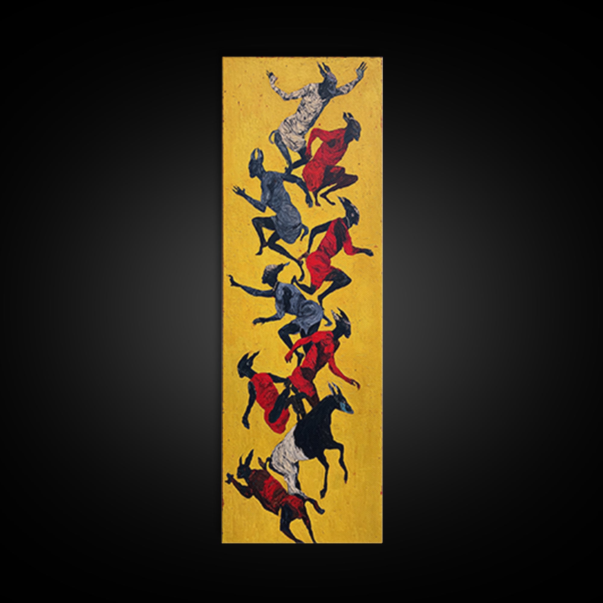 Yellow Abstract Dancers And Goats Canvas Print, African Tribal Art Wall Art, Red Black Ethnic Decor, Modern Culture Gift